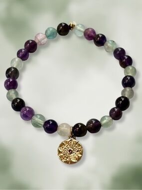 HANDCRAFTED BRACELET Rainbow Flourite Green Purple Beads with Small Gold Charm